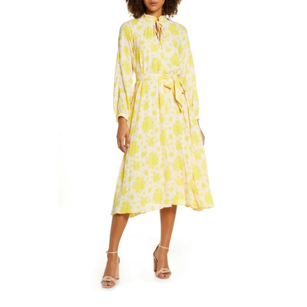 CAARA Yara Long Sleeve Floral Pleat Midi Dress yellow ✨